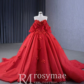 Luxury Red Wedding Gown 3D Flower Quince Dress with Detachable Sleeve - Rosymae
