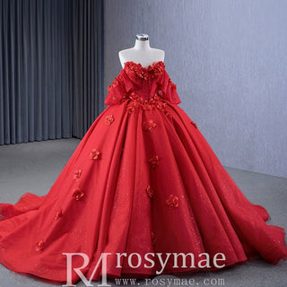 Luxury Red Wedding Gown 3D Flower Quince Dress with Detachable Sleeve - Rosymae