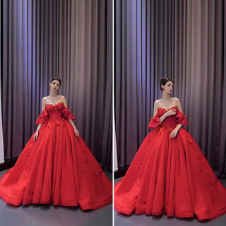 Luxury Red Wedding Gown 3D Flower Quince Dress with Detachable Sleeve - Rosymae