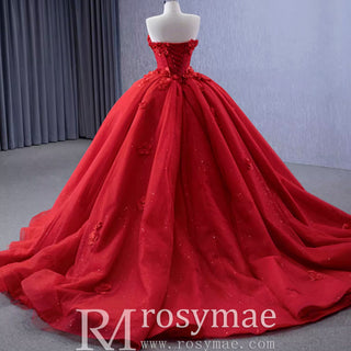 Luxury Red Wedding Gown 3D Flower Quince Dress with Detachable Sleeve - Rosymae