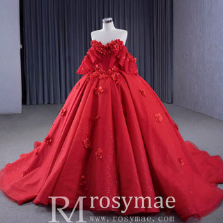 Luxury Red Wedding Gown 3D Flower Quince Dress with Detachable Sleeve - Rosymae