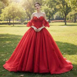 Luxury Red Wedding Gown 3D Flower Quince Dress with Detachable Sleeve - Rosymae