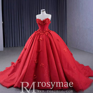 Luxury Red Wedding Gown 3D Flower Quince Dress with Detachable Sleeve - Rosymae