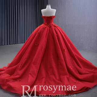 Luxury Red Wedding Gown 3D Flower Quince Dress with Detachable Sleeve - Rosymae
