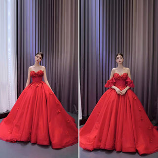 Luxury Red Wedding Gown 3D Flower Quince Dress with Detachable Sleeve - Rosymae