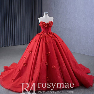 Luxury Red Wedding Gown 3D Flower Quince Dress with Detachable Sleeve - Rosymae