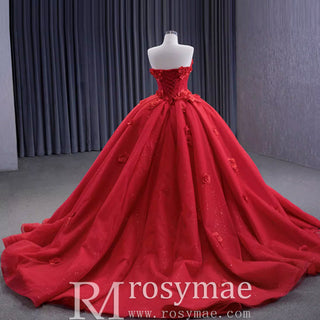 Luxury Red Wedding Gown 3D Flower Quince Dress with Detachable Sleeve - Rosymae