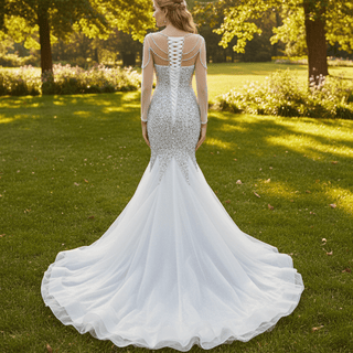 Luxury Rhinestone Mermaid Wedding Dress with Long Sleeves - Rosymae