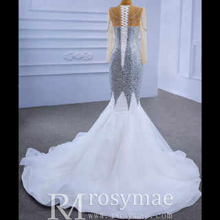 Luxury Rhinestone Mermaid Wedding Dress with Long Sleeves - Rosymae