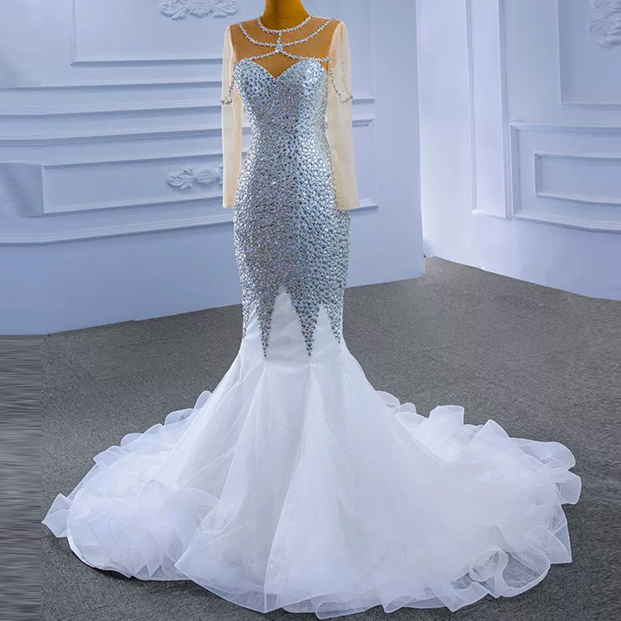 Luxury Rhinestone Mermaid Wedding Dress with Long Sleeves - Rosymae