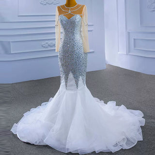 Luxury Rhinestone Mermaid Wedding Dress with Long Sleeves - Rosymae