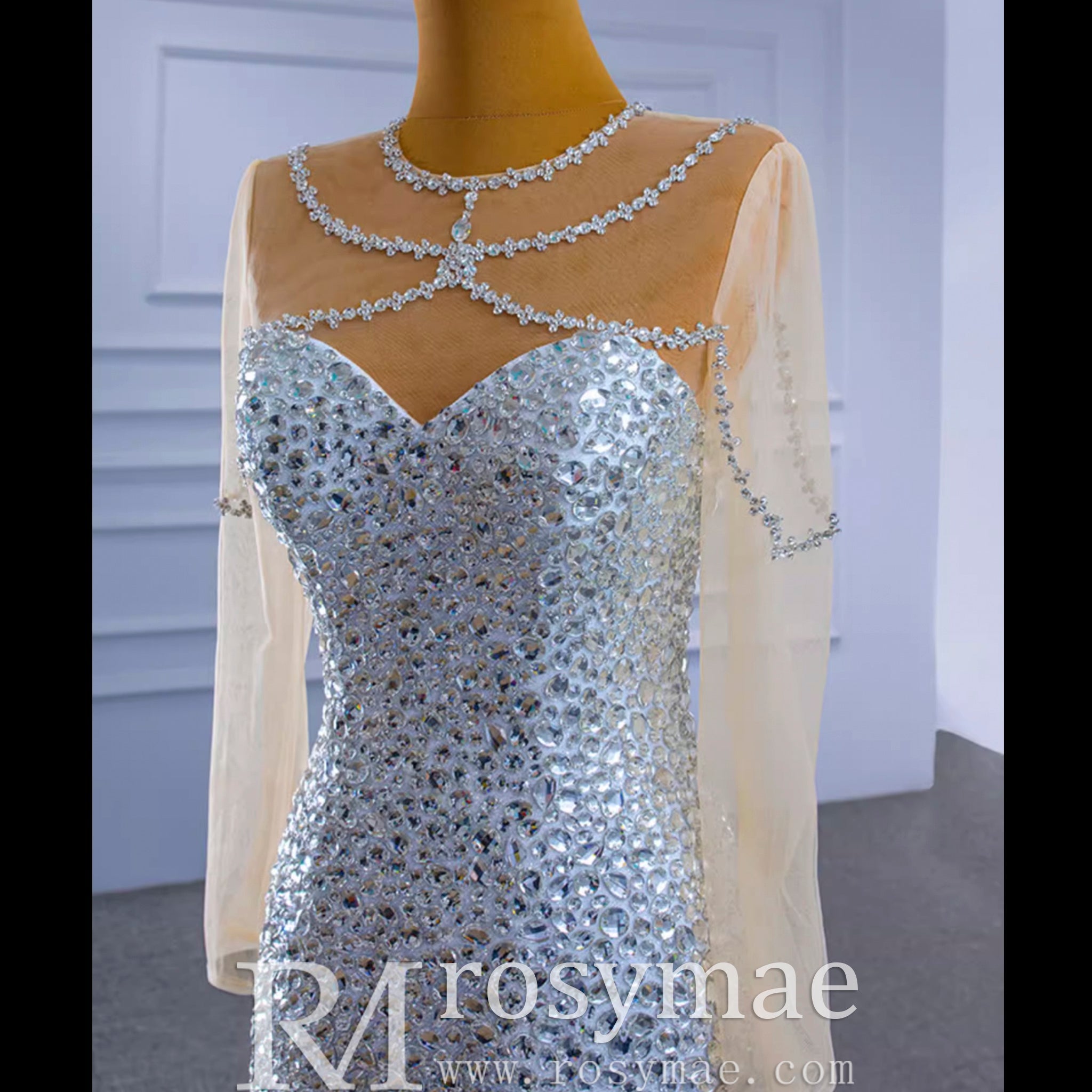 Luxury Rhinestone Mermaid Wedding Dress with Long Sleeves - Rosymae