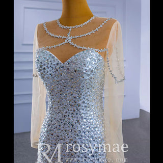 Luxury Rhinestone Mermaid Wedding Dress with Long Sleeves - Rosymae