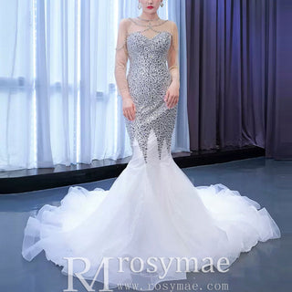 Luxury Rhinestone Mermaid Wedding Dress with Long Sleeves - Rosymae