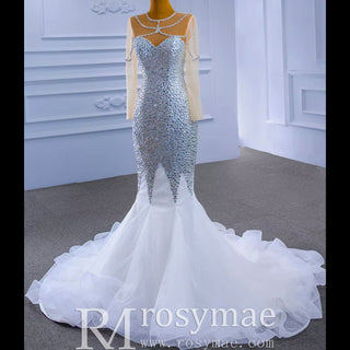 Luxury Rhinestone Mermaid Wedding Dress with Long Sleeves - Rosymae