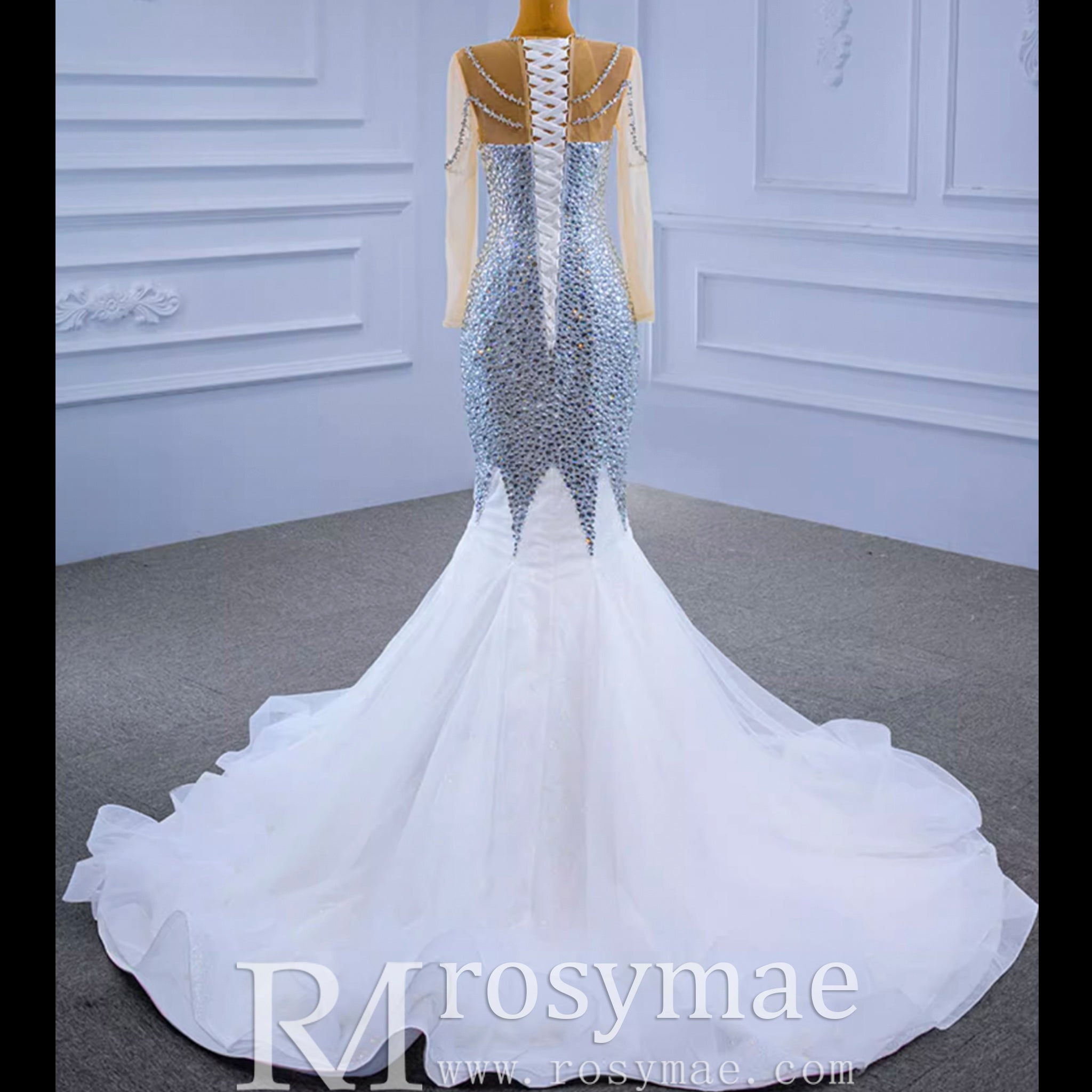 Luxury Rhinestone Mermaid Wedding Dress with Long Sleeves - Rosymae