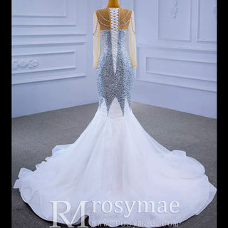 Luxury Rhinestone Mermaid Wedding Dress with Long Sleeves - Rosymae