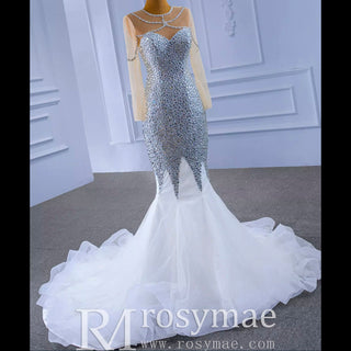 Luxury Rhinestone Mermaid Wedding Dress with Long Sleeves - Rosymae