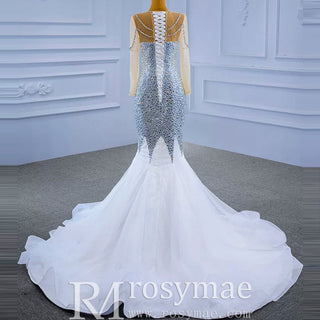 Luxury Rhinestone Mermaid Wedding Dress with Long Sleeves - Rosymae