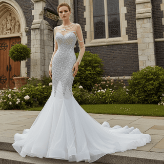 Luxury Rhinestone Mermaid Wedding Dress with Long Sleeves - Rosymae