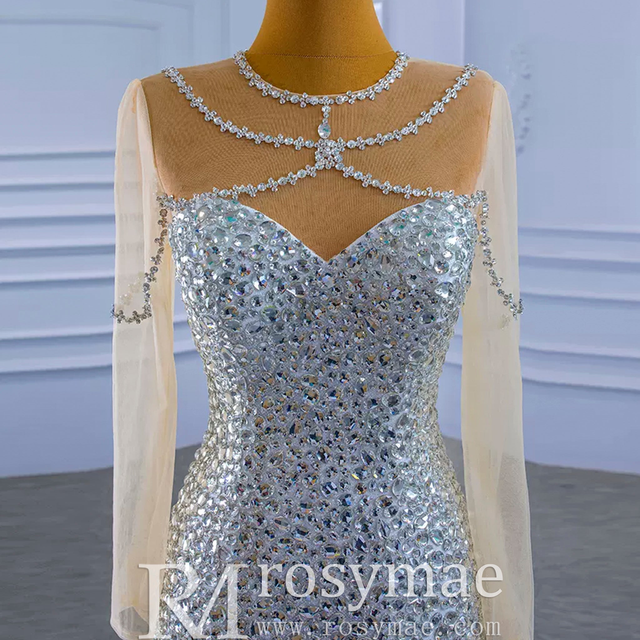 Luxury Rhinestone Mermaid Wedding Dress with Long Sleeves - Rosymae