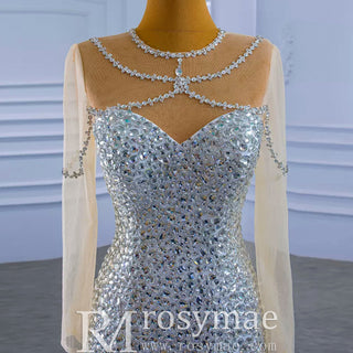 Luxury Rhinestone Mermaid Wedding Dress with Long Sleeves - Rosymae