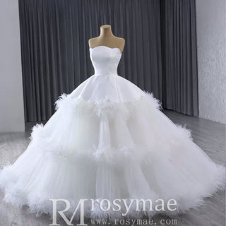 Luxury Ruffle Layered Wedding Dresses Asymmetrical Bridal Gown - Rosymae