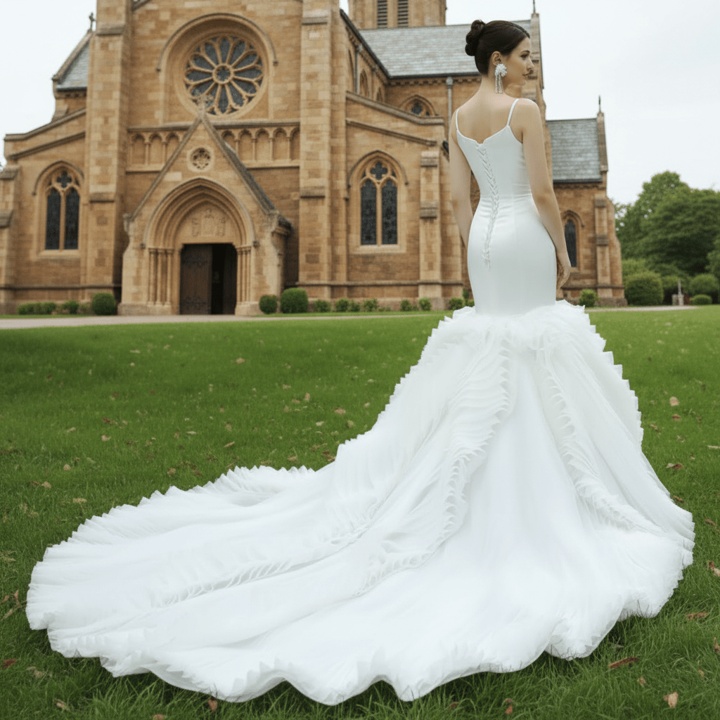 Luxury Ruffle Trumpet Wedding Dress with Spaghetti Straps - Rosymae