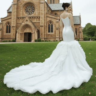 Luxury Ruffle Trumpet Wedding Dress with Spaghetti Straps - Rosymae