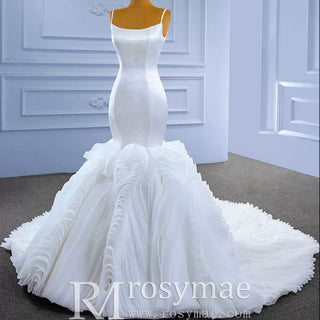 Luxury Ruffle Trumpet Wedding Dress with Spaghetti Straps - Rosymae