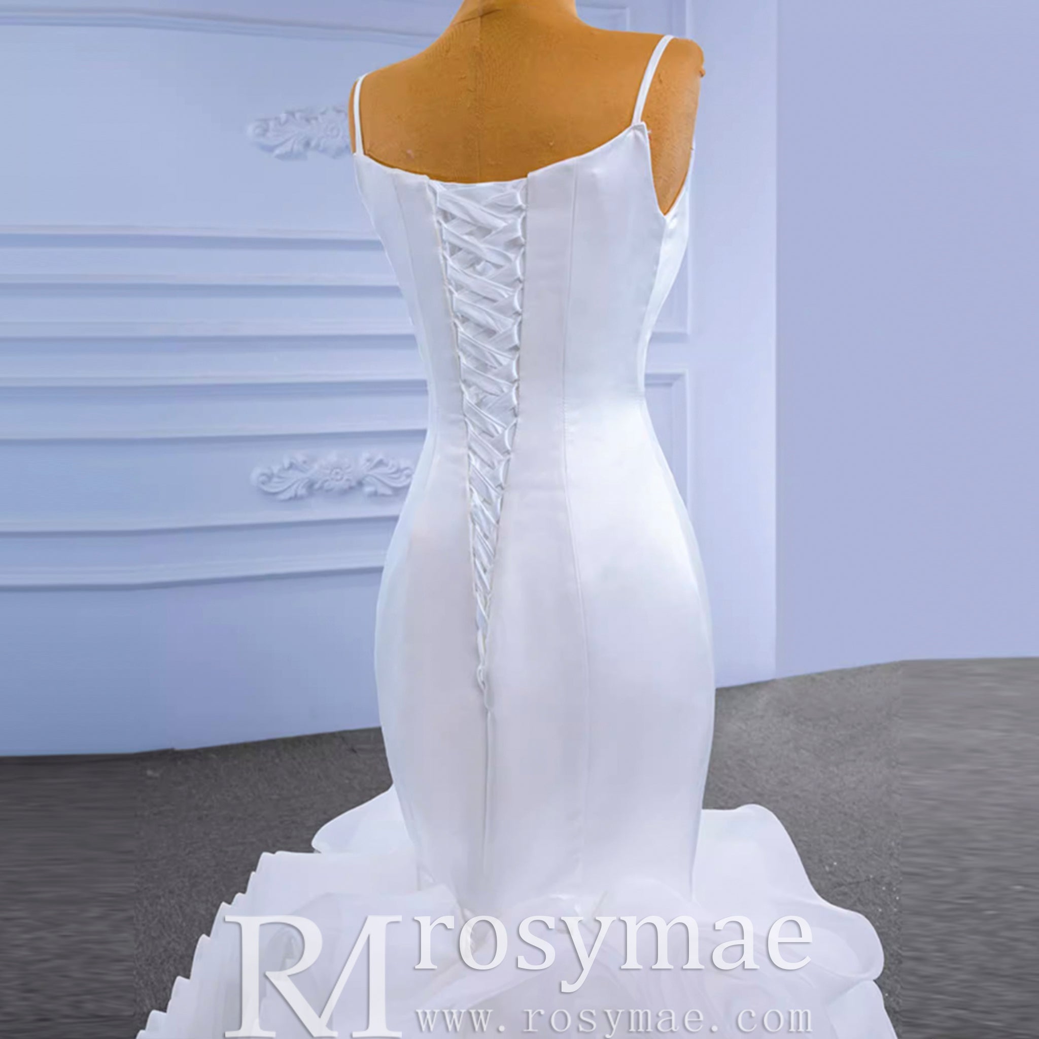 Luxury Ruffle Trumpet Wedding Dress with Spaghetti Straps - Rosymae