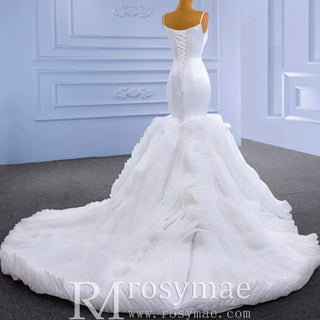 Luxury Ruffle Trumpet Wedding Dress with Spaghetti Straps - Rosymae