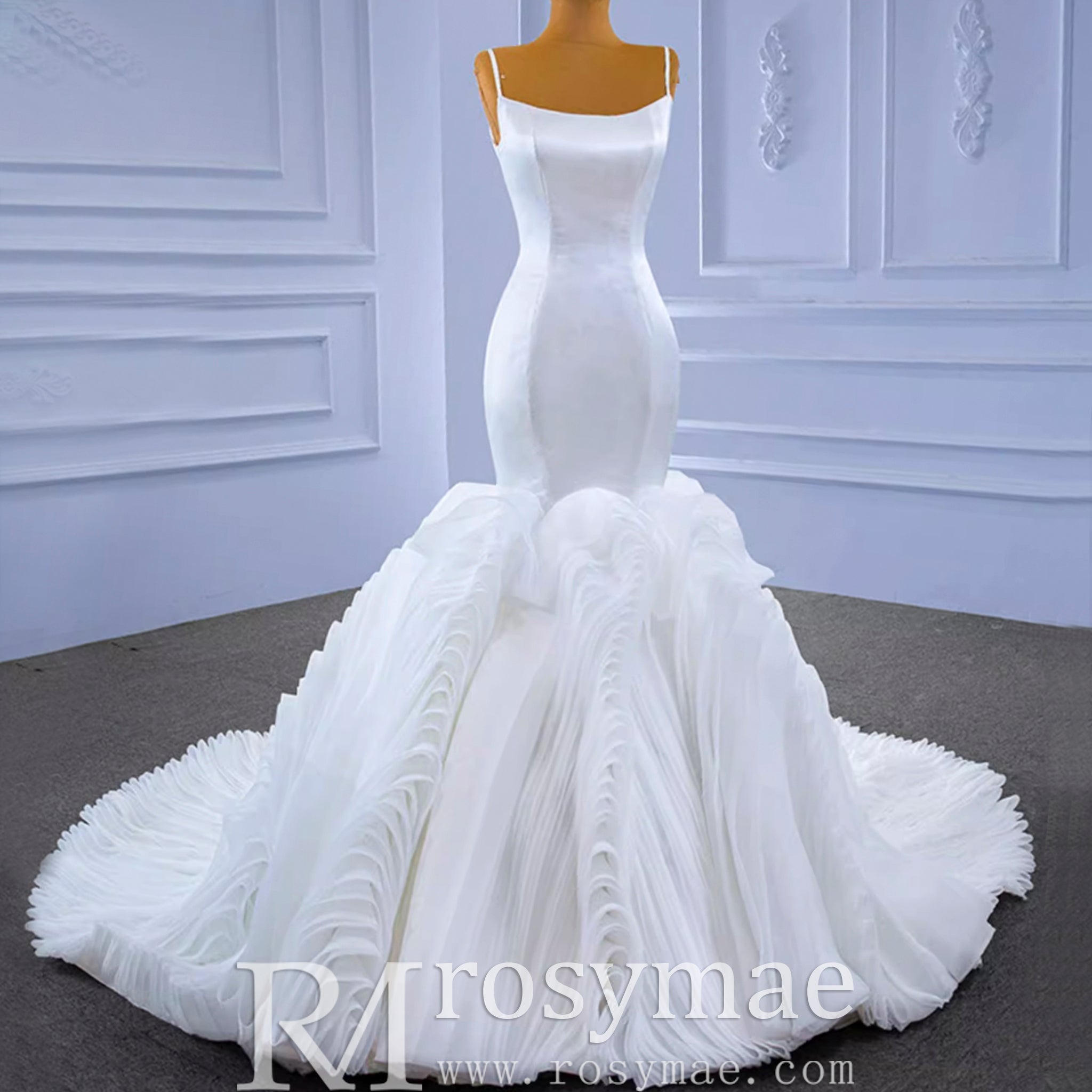 Luxury Ruffle Trumpet Wedding Dress with Spaghetti Straps - Rosymae