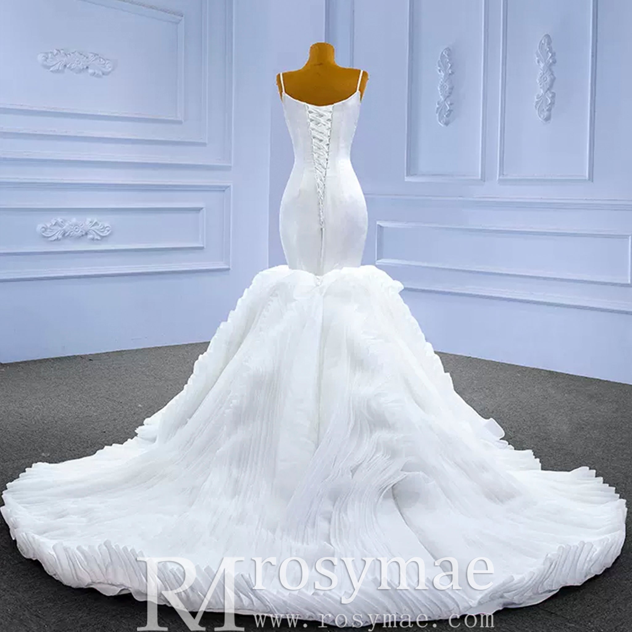 Luxury Ruffle Trumpet Wedding Dress with Spaghetti Straps - Rosymae