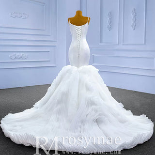 Luxury Ruffle Trumpet Wedding Dress with Spaghetti Straps - Rosymae