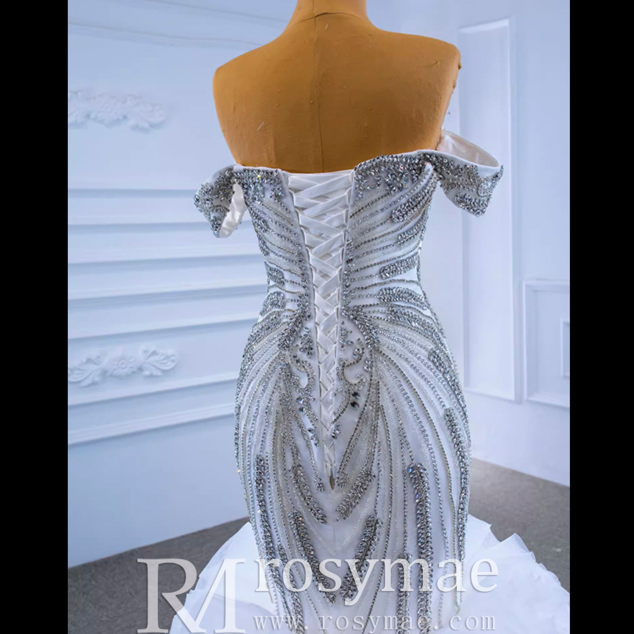 Luxury Ruffled Beaded Mermaid Wedding Dress with Off the Shoulder - Rosymae