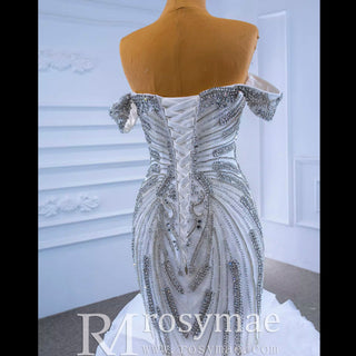 Luxury Ruffled Beaded Mermaid Wedding Dress with Off the Shoulder - Rosymae