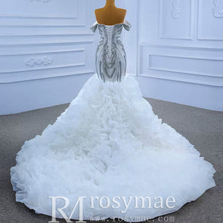Luxury Ruffled Beaded Mermaid Wedding Dress with Off the Shoulder - Rosymae