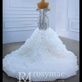 Luxury Ruffled Beaded Mermaid Wedding Dress with Off the Shoulder - Rosymae
