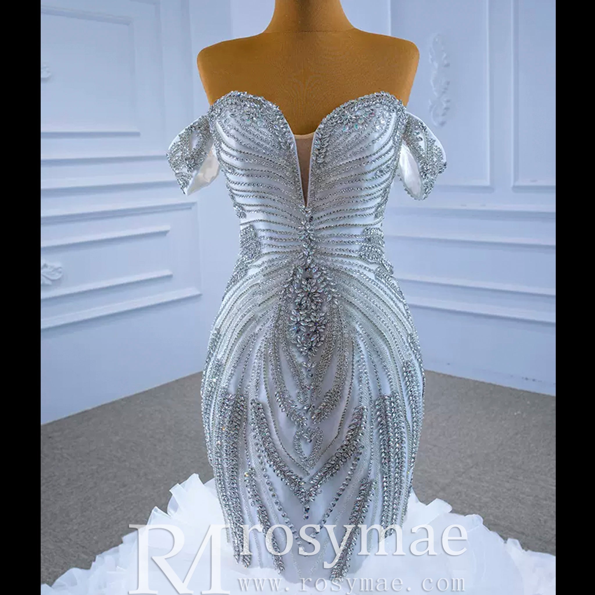 Luxury Ruffled Beaded Mermaid Wedding Dress with Off the Shoulder - Rosymae