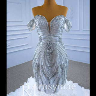 Luxury Ruffled Beaded Mermaid Wedding Dress with Off the Shoulder - Rosymae
