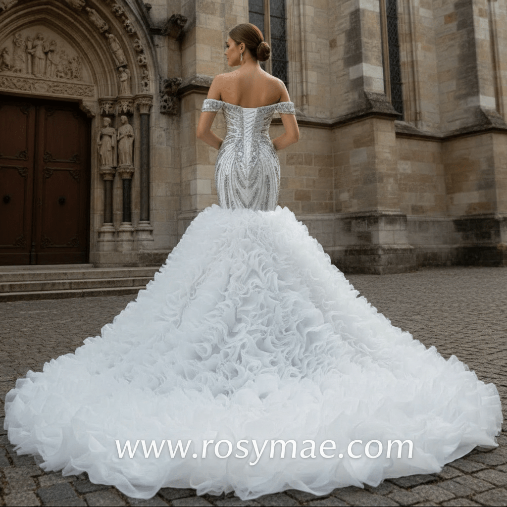 Luxury Ruffled Beaded Mermaid Wedding Dress with Off the Shoulder - Rosymae