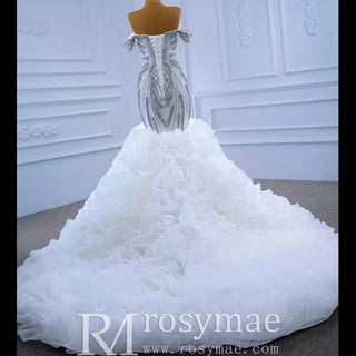 Luxury Ruffled Beaded Mermaid Wedding Dress with Off the Shoulder - Rosymae