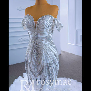 Luxury Ruffled Beaded Mermaid Wedding Dress with Off the Shoulder - Rosymae