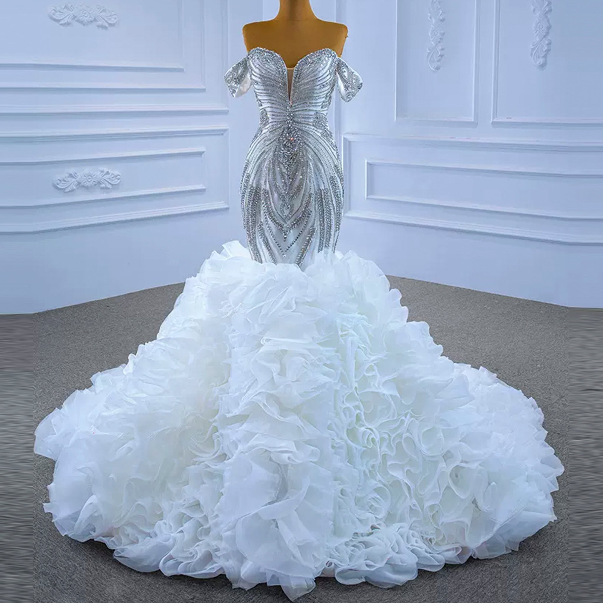Luxury Ruffled Beaded Mermaid Wedding Dress with Off the Shoulder - Rosymae