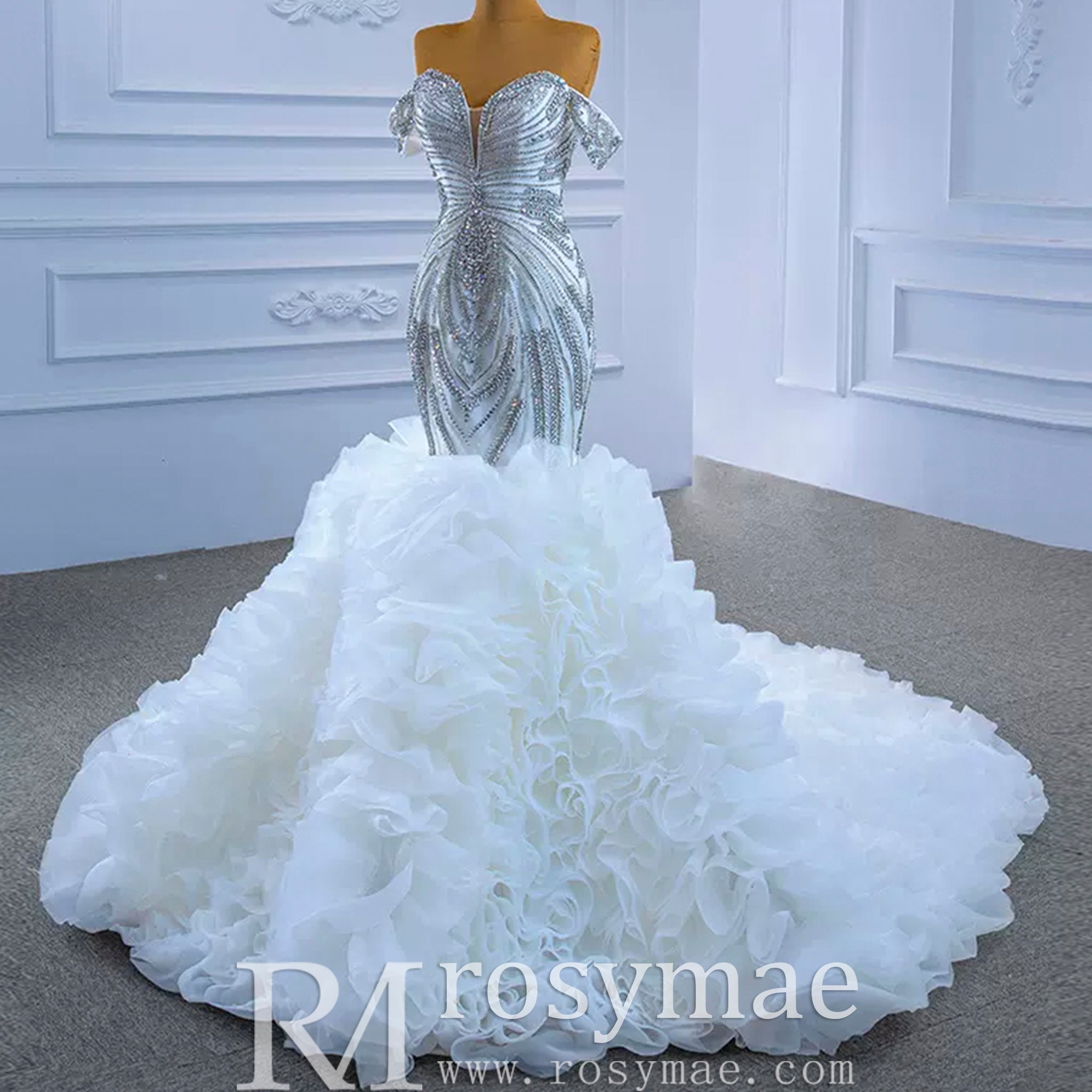 Luxury Ruffled Beaded Mermaid Wedding Dress with Off the Shoulder - Rosymae
