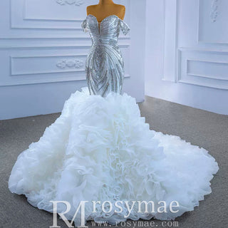 Luxury Ruffled Beaded Mermaid Wedding Dress with Off the Shoulder - Rosymae