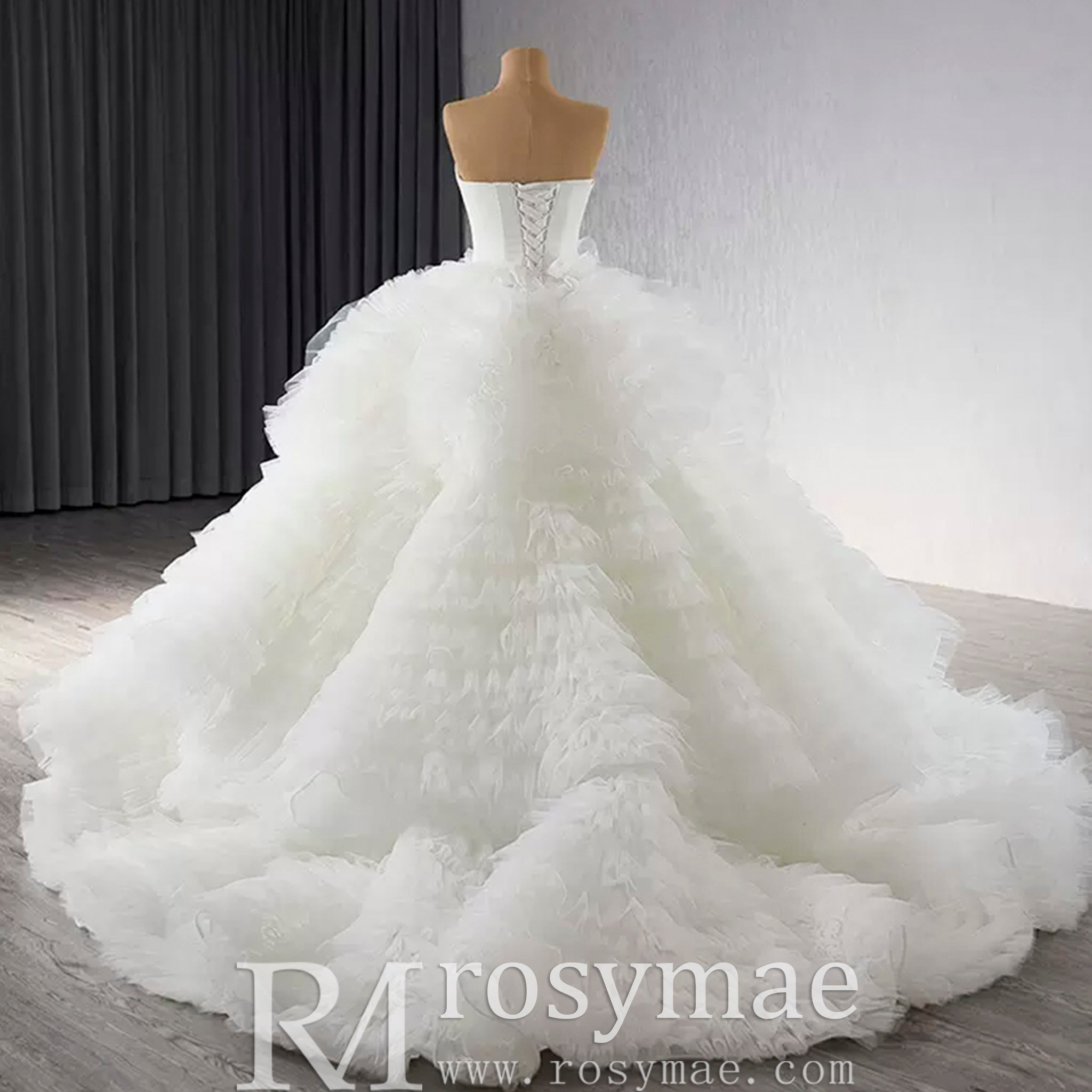 Luxury Ruffled Overskirt Ball Gown Wedding Dress Strapless Bridal Gown - Rosymae