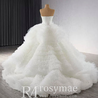 Luxury Ruffled Overskirt Ball Gown Wedding Dress Strapless Bridal Gown - Rosymae
