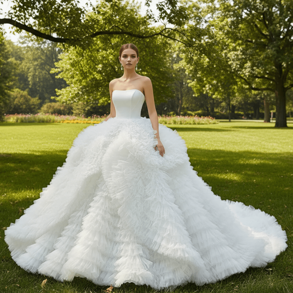 Luxury Ruffled Overskirt Ball Gown Wedding Dress Strapless Bridal Gown - Rosymae
